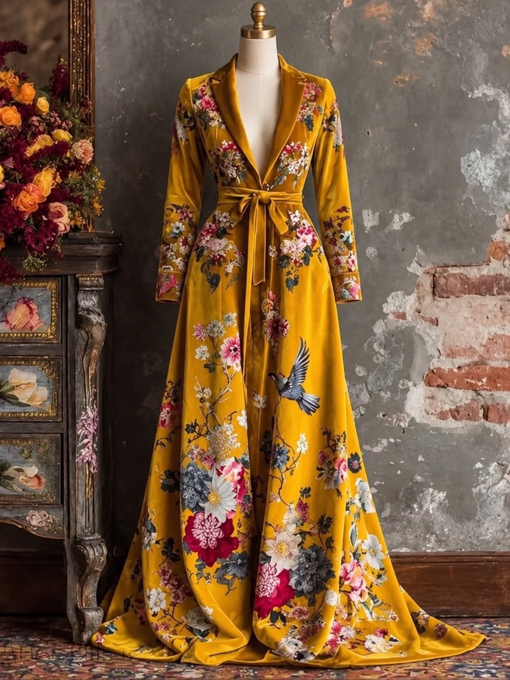 Elegant Mustard Yellow Floral Maxi Gown-Deep V Neck Belted Long Sleeve Statement